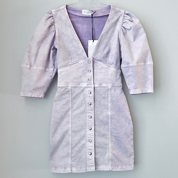 Gaëlle Paris Lilac Denim Puff Sleeve Mini Dress Streetwear Chic Size S NWT